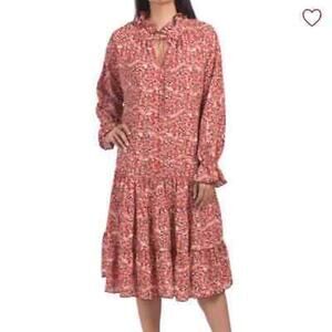 OPT Midi Dress Floral Ruffle Tiered Prairie Boho Flowy Red Orange Fall Size S